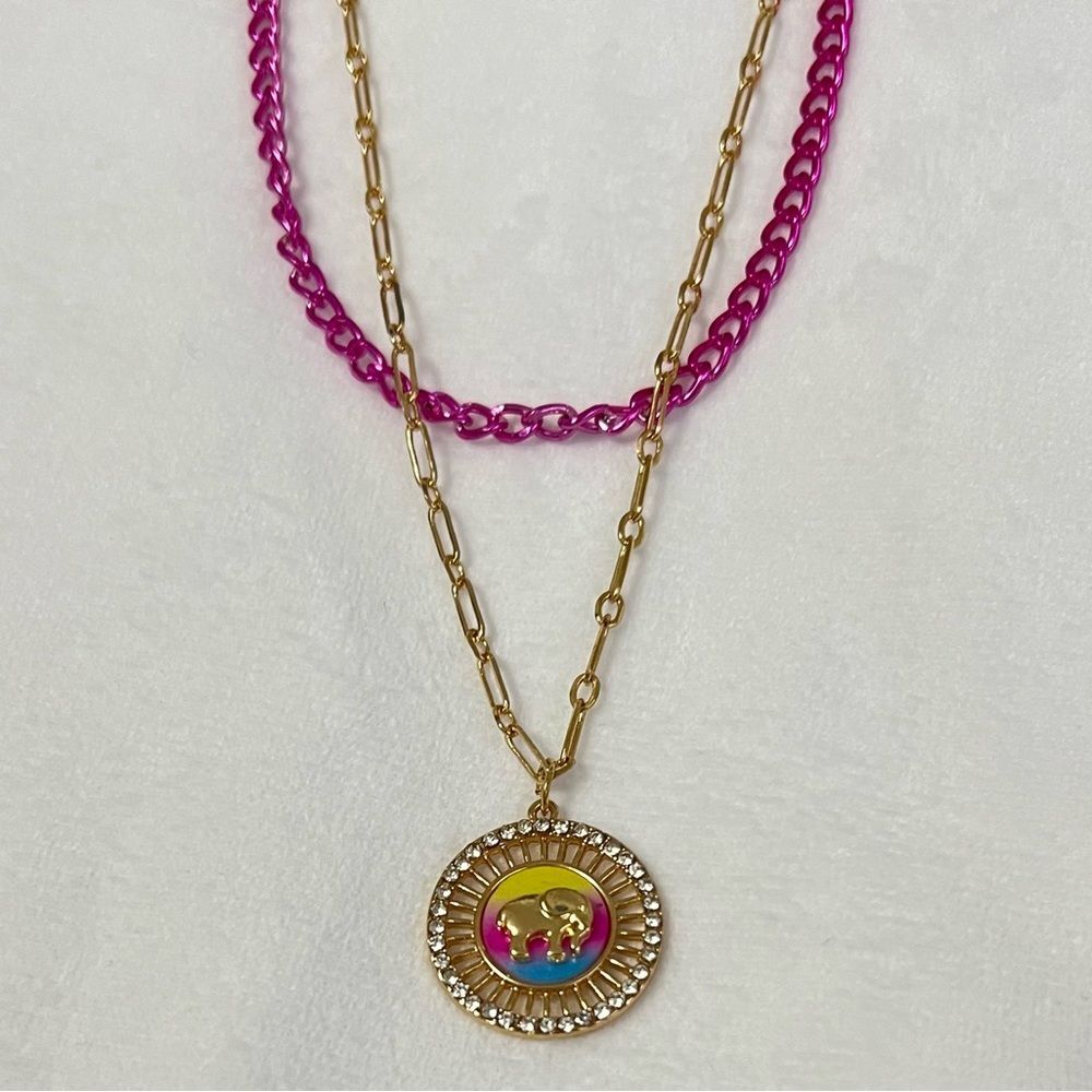Ivory Ella Elephant Pendant Necklace NEW Gold and Pink Tone Double Chain